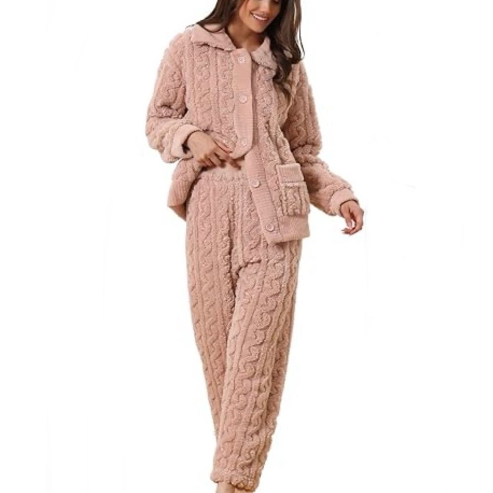 CHEIBEAR | Blush Light Pink Cableknit Style Fluffy Lounge Set Soft Plush | Large